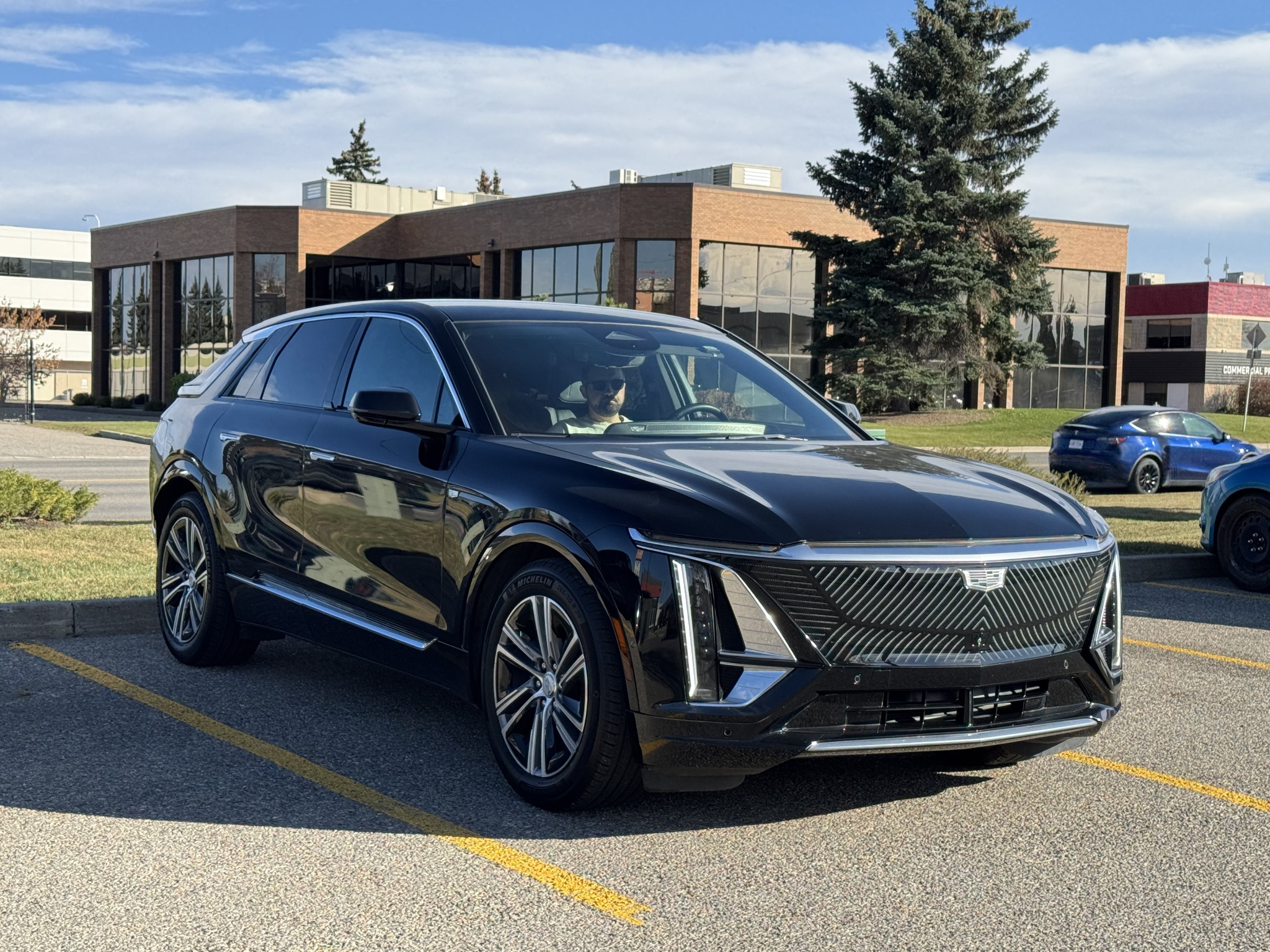 Close front view of the black Cadillac Lyriq